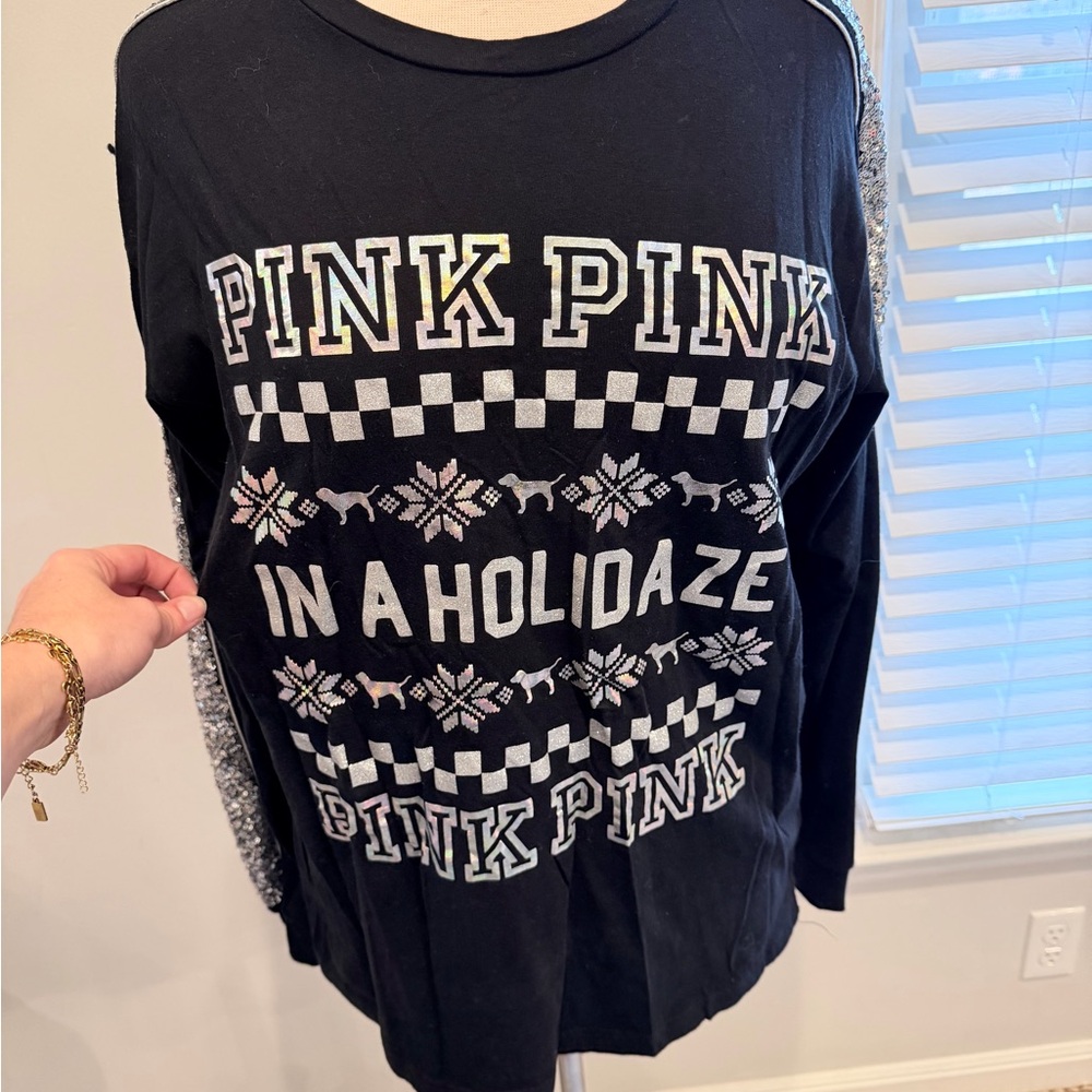 PINK Victoria's Secret Christmas Black Long Sleeve Tee